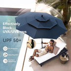 PHI VILLA 5 Pieces Patio Dining Set with 10ft Patio Umbrella, Metal Patio Circle Table Outdoor Stackable Wrought Iron Chair Set of 4 & 42" Large Round Dining Table,3 Tier Vented Dark Blue Umbrella