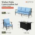 Patio Furniture Set with Firepit Table, 4 Pcs Metal Outdoor Conversation Set, 2 Single Chairs and 3 Seater Sofa with 5.75" Extra Thick Cushion and Gas Fire Pit Table for Backyard Deck, Blue