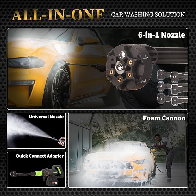 Cordless Pressure Washer with Grip,652 PSI Power Cleaner with 3-Speed Adjustment,6-in-1 Nozzle,21V Rechargeable 4.0Ah Battery High-Pressure Car Washer Gun for Home/Floor/Car Cleaning&Watering