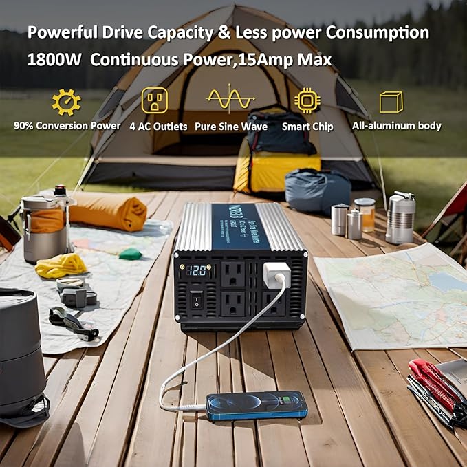 WZRELB 1800W Pure Sine Wave Inverter 12V DC to 110V 120V AC Power Converter with LED Display, Off-Grid Portable Power Inverter with 4 AC Outlets for Home, RV, Truck, Camping