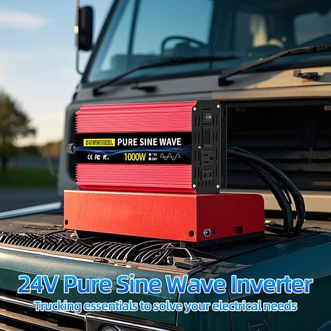 SUNWHEEL 1000W 24V Pure Sine Wave Inverter, 24V DC to 110V/120V AC Power Inverter for RV、Off Grid、Truck、Power Outage with 2 AC outlets and LCD Display