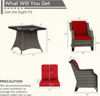 3-Piece Wicker Patio Furniture Set, 2 Armchairs and 1 Fire Pit, Conversation Set with Cushions, Red