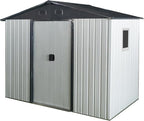 4x8 FT Outdoor Storage Shed, Metal Garden Shed with Frame Floor, Outside Tool Shed with Window, Waterproof Storage Building with Lockable Sliding Doors & Sloped Roof for Backyard, Patio, White+Black