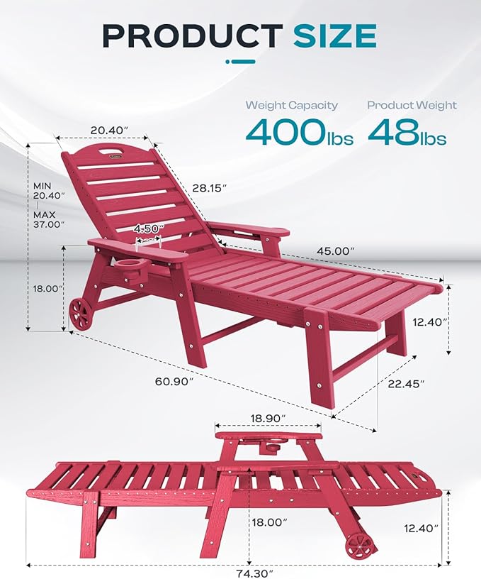 Outdoor Lounge Chair Set of 4, All Weather Patio Chaise Lounge Chair for Outside, HDPE Chair with Rolling Wheels & Cup Holder, 5 Position, Deck, Pool, Red