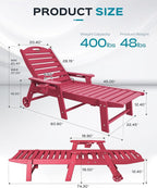 Outdoor Lounge Chair Set of 4, All Weather Patio Chaise Lounge Chair for Outside, HDPE Chair with Rolling Wheels & Cup Holder, 5 Position, Deck, Pool, Red