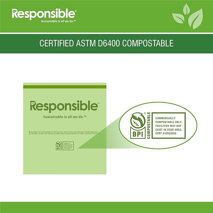 Responsible Products Kitchen Bin Liners, Certified Compostable, Heavy Duty Multipurpose Food Scrap Bags, Made from Compostable Materials (13 Gallon, 13 Gallon (120 Count))