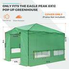 EAGLE PEAK Replacement Cover for 12x8 Portable Walk-in Pop up Greenhouse, Front and Rear Roll-Up Zipper Entry Doors and 4 Large Roll-Up Side Windows (Frame Not Included), Green