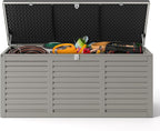 HUGROVE Resin Deck Box, 130 Gallon Outdoor Storage Box with Lockable Lid, Waterproof Patio Storage for Garden Tools & Outdoor Accessories (Dark Black) (Light Gray)