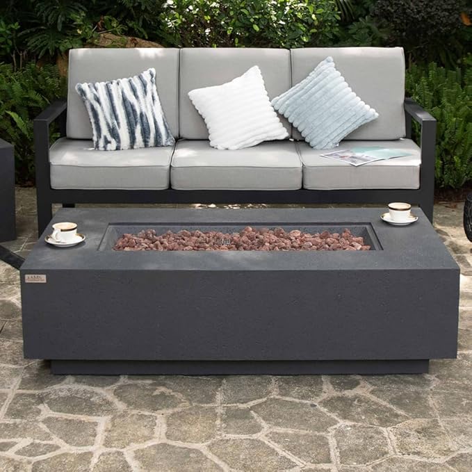 AMS Creations | Madison 60" Rectangular Natural Gas Outdoor Fire Pit Table | Dark Gray Concrete GFRC | Limestone Texture or Surface | Electronic Ignition | Outside Backyard Fireplace