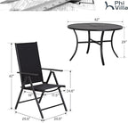PHI VILLA Outdoor Patio Dining Set for 4, 42 Inch Round Patio Table Set with 4 Adjustable High Back Folding Patio Sling Chairs, Black