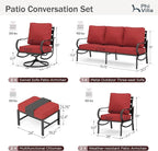 PHI VILLA 7 PCS Patio Furniture Set,Metal Outdoor Furniture with 1x 3 Seater Cushioned Deep Seating Bench Sofa, 2 Swivel Chair, 2 x Leg Chairs & 2 Ottoman for 7 Person, Red