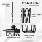 JYZ Dusk to Dawn Outdoor Pendant Lantern, 15 Inch Craftsman Style Large Exterior Hanging Light with Water Ripple Glass, Traditional Outdoor Chandelier for Front Porch Gazebo Patio Garden