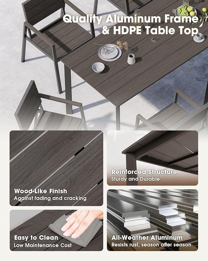 Outdoor Patio Dining Sets, Aluminum 5 Piece HDPE Outdoor Dining Table and Chairs Set with Umbrella Hole, Modern Rectangular Patio Furniture Set with All-Weather Table and 4 Chairs (Charcoal)