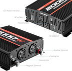 POTEK 2000W Power Inverter 3 AC Outlets 12V DC to 110V AC Car Inverter with 2A USB Port Black