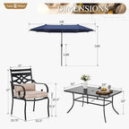 Sophia and William Patio Dining Set for 6, 13ft Patio Umbrella Navy Blue, Removable Seat Cushions, Black 59" Patio Dining Table