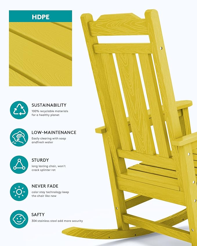 SERWALL Outdoor Rocking Chair, Patio Rocking Chairs for Porch, HDPE Rocking Chair Outdoor for Adults, Heavy Duty Front Porch Rocker, Yellow