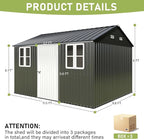 VanAcc 12x10.3x8.1 FT Galvanized Steel Outdoor Storage Shed with a Lockable Hinged Door and 2 Windows, Metal shed for Garden, Backyard, Dark Grey/White