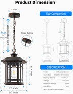 VIANIS Large Outdoor Pendant Lights for Porch, Bronze Hanging Light, Waterproof Hanging Porch Light for House, Garden, Front, Anti-Rust, 100% Aluminum, Seed Glass