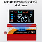 1500W Pure Sine Wave Inverter (3000W Peak), 12V/24V Auto-Detect, 50Hz/60Hz Switchable, LCD Display, Type-C Fast Charging, Silent Design, Overload & Overheat Protection for RV, Home (RED-1500W)