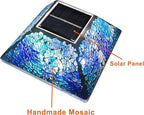 2PK Mosaic Solar Post Cap Lights Outdoor for 4x4, 3.5x3.5 Post Crackled Glass Deck Fence Lamp Weatherproof LED Light Decor in Garden, Yard, Outdoor Table, Balcony, Landscape- Cyan Blue