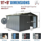 Backyard Storage Shed 11x9ft with Windows, Dark Gray Galvanized Steel Garden Shed - 630 Cu.Ft Outdoor Utility Shed, Lockable Double Doors & Sloped Roof for Patio