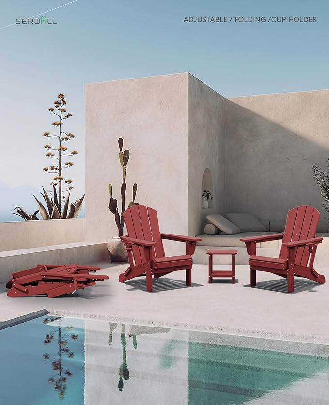 SERWALL Folding Adirondack Chair Set of 8, Adjustable Adirondack Chair with 3 Recline Positions, All Weather HDPE Outdoor Adirondack with Cup Holders, Red