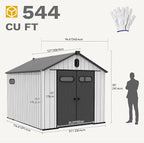 DWVO 8x10 FT Outdoor Storage Shed, 544 cuft Large Plastic Storage Shed with Floor & Lockable Door, Outside Tool Garden Shed with Windows & Vents for Patio Furniture, Lawn Mower, Bike, Black&Gray