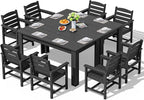 SERWALL Patio Dining Sets for 8, Outdoor Dining Sets for 8 Person with 2 Umbrella Hole Cut-Out Rectangular Tables and 8 Chairs, HDPE Dining Sets for Garden, Backyard, Poolside, Black