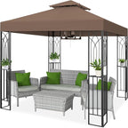 COOS BAY 8x8 Outdoor Patio Gazebo with Corner Shelves, Two-Tier Soft Top Canopy for Backyard, Lawn, Deck and Garden, Brown