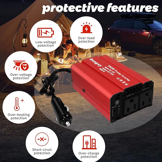 350W Power Inverter for Vehicles, 12V to AC 110V Car Inverter Converter， Charger Plug Suit for USB QC 3.0, PD(65W), Car Charger Adapter for Road Trip and Camping