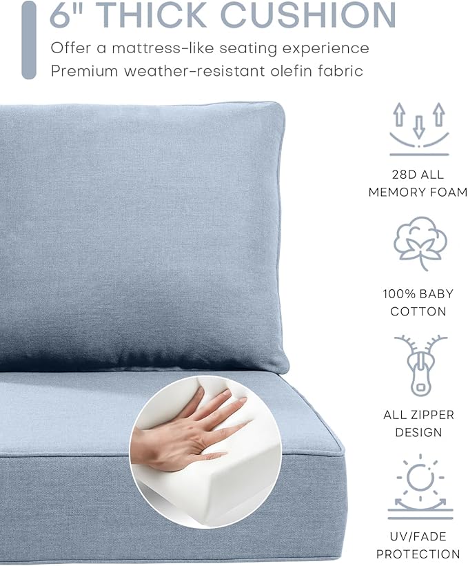Luxury 24x24x6 Inch Patio Chair Cushions Set of 3 - Memory Foam Deep Seat Water-Resistant Patio Cushion for Lawn Dining Rocking Swivel Chairs Loveseat 3-Seater Sectional Sofa - Baby Blue