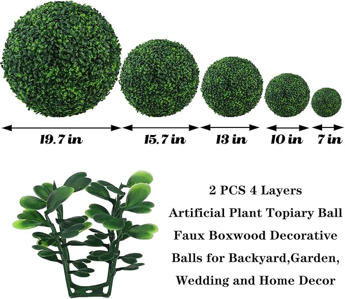 Sunnyglade 2 PCS 19.7 inch 4 Layers Artificial Plant Topiary Ball Faux Boxwood Decorative Balls for Backyard, Balcony,Garden, Wedding and Home Décor (19.7 inch)