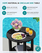 SERWALL Round Outdoor Side Table Set of 2, HDPE Small Adirondack Double End Table, Black