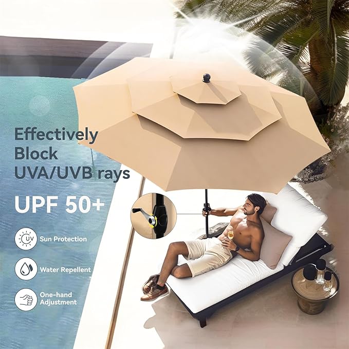 PHI VILLA 5 Piece Outdoor Dining Set with Umbrella, 37" Square Metal Dining Table & 4 Cushioned Wicker Rattan Chairs with 10ft Beige Umbrella for Patio, Deck, Yard, Porch
