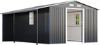 Jocisland 12x12x6.6 FT Galvanized Metal Storage Shed with Open Firewood Bay, Sliding Doors & Ramp, 2 Windows & Vents, Weather-Resistant Outdoor Tool/Garden Shed, Dark Grey/White