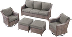 Outdoor Wicker Patio Furniture Set - 5 Piece Outside Rattan Conversation Bistro Dining Chair Sets with Rocking Swivel Chairs, 3-Seat Couch and Ottomans for Porch Yard Balcony – Brown/Grey