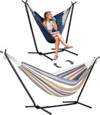 SUNCREAT 2-in-1 Convertible Double Hammocks 2 Person Heavy Duty, Large Patio Hammock with Space Saving Stand, Patent Pending, Coffee Stripe