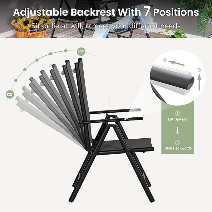 PHI VILLA 7 PCS Patio Dining Set with Umbrella, Outdoor Dining Set with 6 Adjustable Folding Patio Chairs(Black) & Beige Patio Umbrella for Backyard