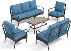 PHI VILLA Outdoor Modern Patio Furniture Set, Upgraded Wicker&Metal Patio Furniture Conversation Set with Waterproof Thick Cushions for Porch, Poolside, Deck, and Yard (5 Pieces,Navy)