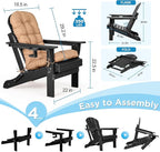 nalone Folding Adirondack Chair with Cushion with Cup Holder, HDPE Plastic Oversized Patio Chair Weather Resistant, Used in Outdoor, Fire Pit, Deck, Garden, Campfire Chairs (Black)