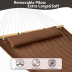 Double Quilted Fabric Hammock with Hardwood Spreader Bars and Pillow 450 LBS Capacity 2 Person Large Hammock for Outdoor Patio Backyard Poolside - Brown