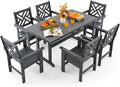 7 Piece HDPE Outdoor Dining Set for 6 Patio Dining Furniture Set with Umberlla Hole, Weather Resistent Outdoor Table and Chairs for Garden, Poolside, Backyard, Deck, Grey