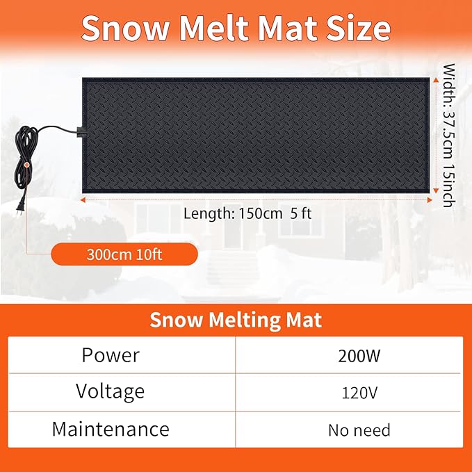 Snow Melting Mats for Roof Valley Walkways, 120V Outdoor Electric Heated Melting Snow Ice Removal, Roof Deicing System Black 15 in x 5 ft