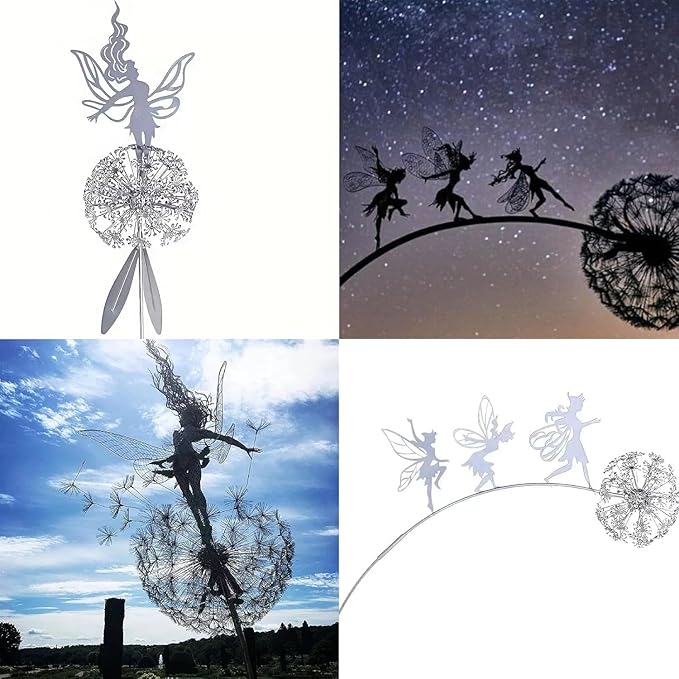 Flower Fairy Dancing with Dandelion, Art Sculpture Fairies for Fairy Garden, Angel Metal Ornaments Gardens Art Sculpture, Outdoor Decorations for The Courtyard, Christmas and Halloween Lawn (C)