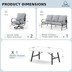 MFSTUDIO 4 Pieces Patio Conversation Sets(5 Seat),Outdoor Metal Furniture Sofas with 1 Loveseat(3 Seat), 2 Swivel Chairs,1 Coffee Table,Wrought Iron with Grey Cushion for Patio Courtyard Balcony