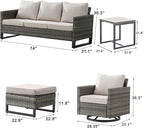 Wicker Outdoor Patio Furniture Set - 6 Piece Patio Conversation Set with 2 Swivel Rocker Chairs,2 Rattan Ottoman,1 Couch and 1 Metal Side Table for Outside Porch Deck Backyard(Mixed Grey/Beige)