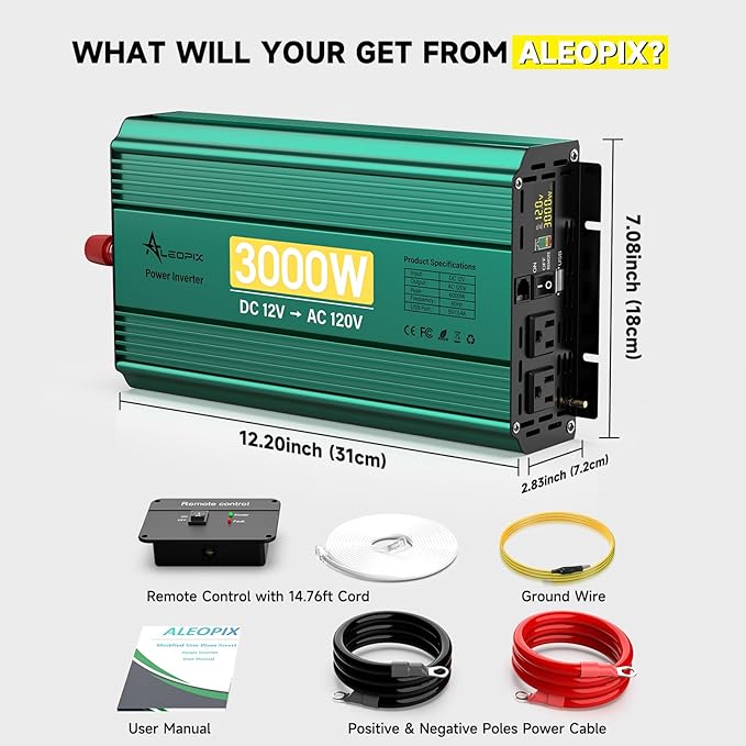 3000 Watt Inverter 12V to 110V/120V 6000W Peak Truck Power Inverter for Vehicles, Modified Sine Wave AC to DC Converter for RV Home with 2 AC Outlets 3.4A USB Port LED Didplay Remote Controller