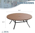 DIFY 59.8" Round Outdoor Patio Dining Table for 8-10, All-Weather Metal Steel Slatted Patio Table with 1.57" Adjustable Umbrella Hole, for Lawn Garden Porch Backyard, Walnut