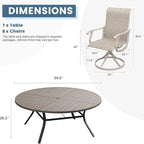 DIFY 9 Pieces Outdoor Patio Dining Set, 8 Sandshell Textilene Swivel Dining Chairs and 59.8" Grey Wood-Like Round Metal Dining Table, Outdoor Table and Chairs
