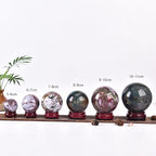 JIC Gem Natural Ocean Jasper Crystal Sphere with Wooden Stand Decorative Crystal Ball Healing Gemstone Sphere for Meditation,Feng Shui,Witch-Style Decor,Table 80-90mm